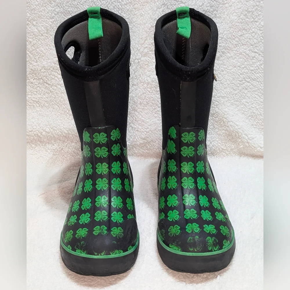 Bogs Kids Sz 13 Classic II Handle 4H Neoprene Rain Snow Boots Clover Black Green